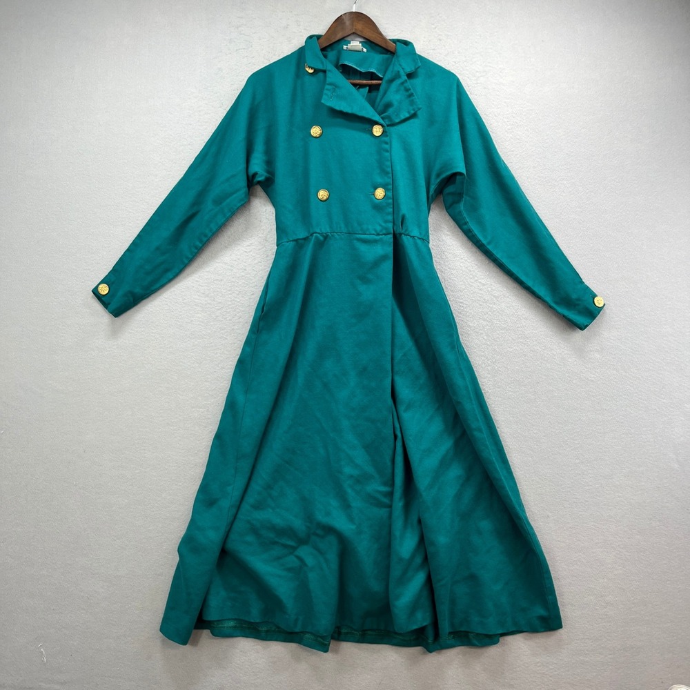 VTG Doncaster Coat Dress Womens 8 Teal Green Double Breasted Gold‎ Button Maxi